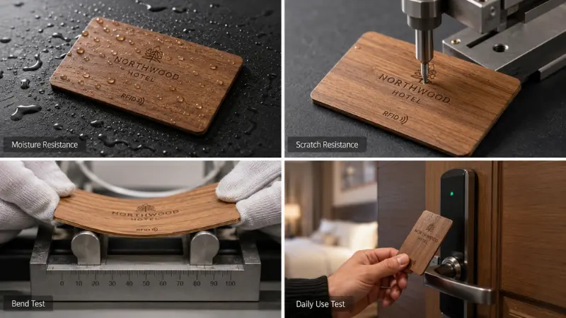 Durability testing of wooden RFID hotel key cards for moisture, scratches, bending, and daily use Durability testing of wooden RFID hotel key cards for moisture, scratches, bending, and daily use